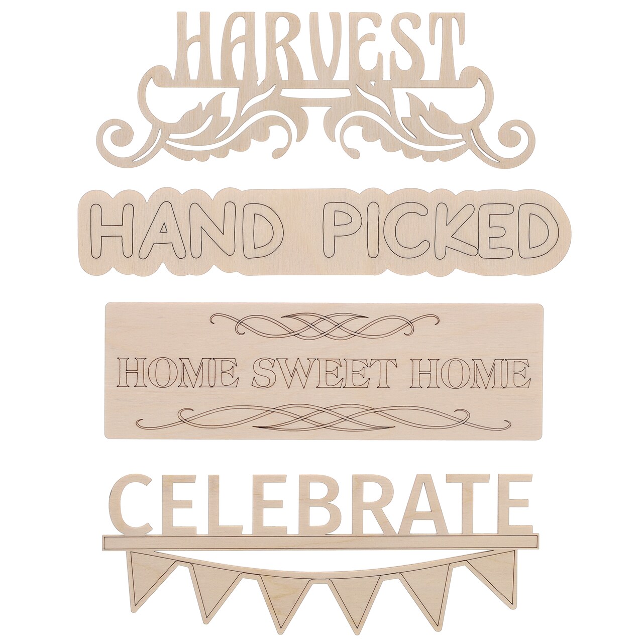 Hampton Art - Crate D�cor, Harvest 8.5"x1.5" to 9"x3", 4pc, Unfinished Wood Cutouts, Wood Cutouts for Crafts, Wood Shapes for Crafts, Wood Cut Outs, Wooden Painting Crafts